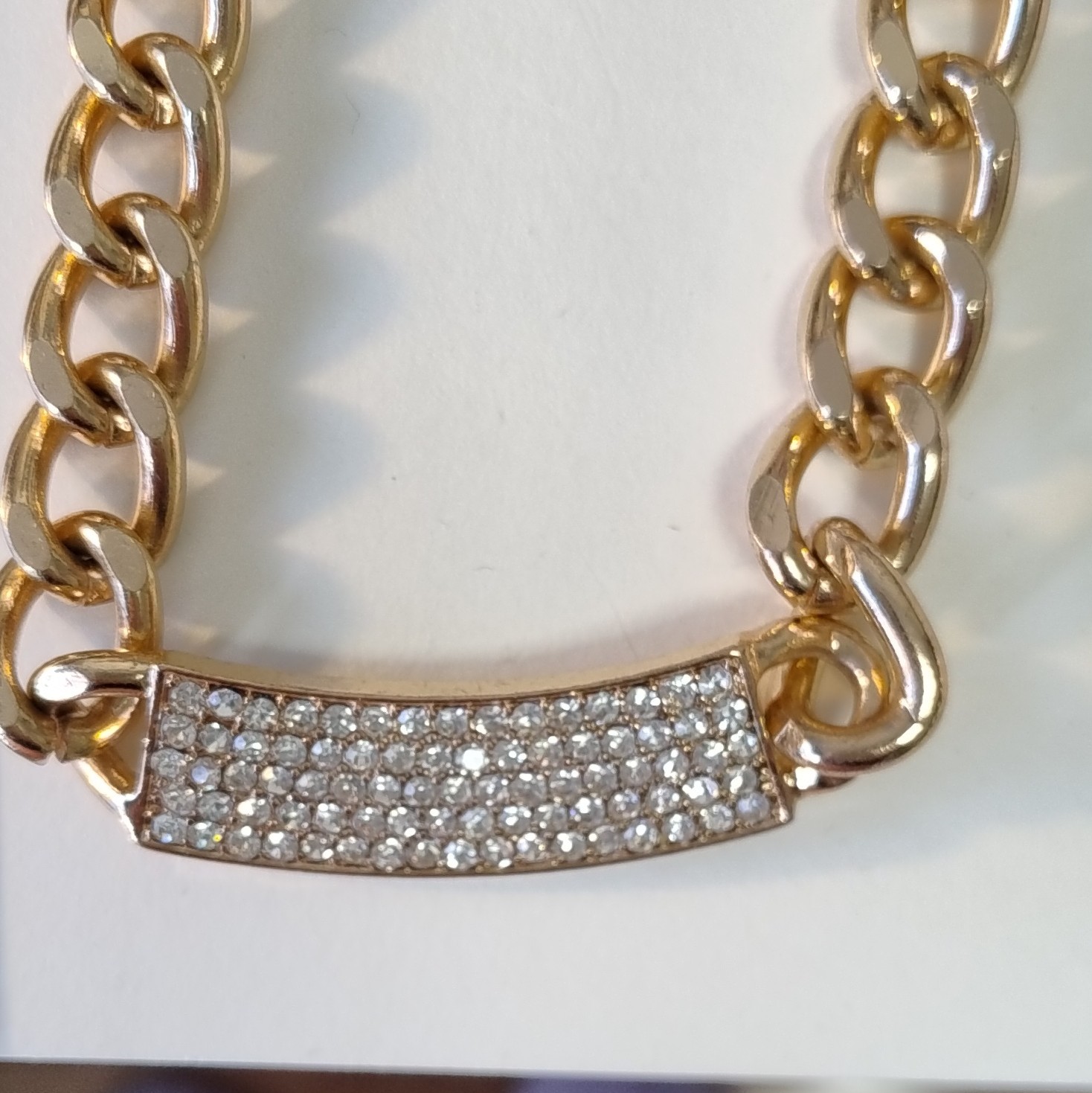 1960s Gold plated Curb Chain Pavé Rhinestone Bar Adjustable Lobster Clasp 9in