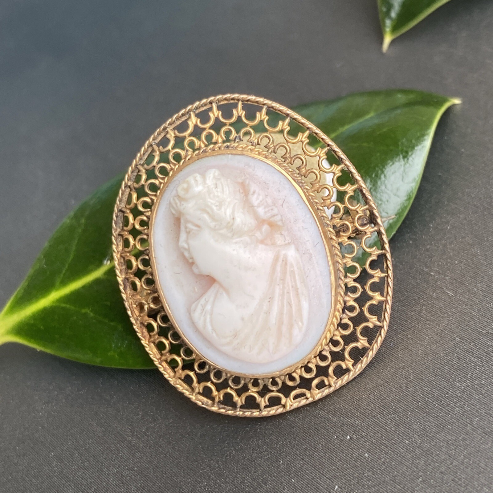 14K Yellow Gold Coral Cameo Brooch Antique Goddess Beauty Profile Fine Jewelry