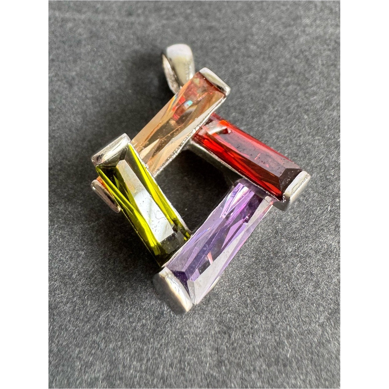 Vintage Sterling Silver Crystal 3D Pendant Colorful Geometric Necklace
