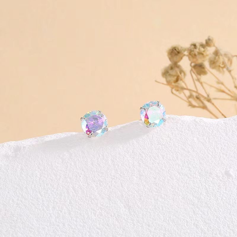 Men Women Iridescent Round Solitaire 925 Sterling Silver Mini Stud Earring GIFT