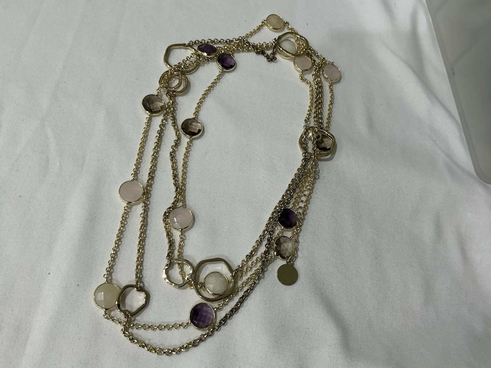 Gold Tone Layered Cable Chain Necklace Purple Round Bezel Charm Pendant