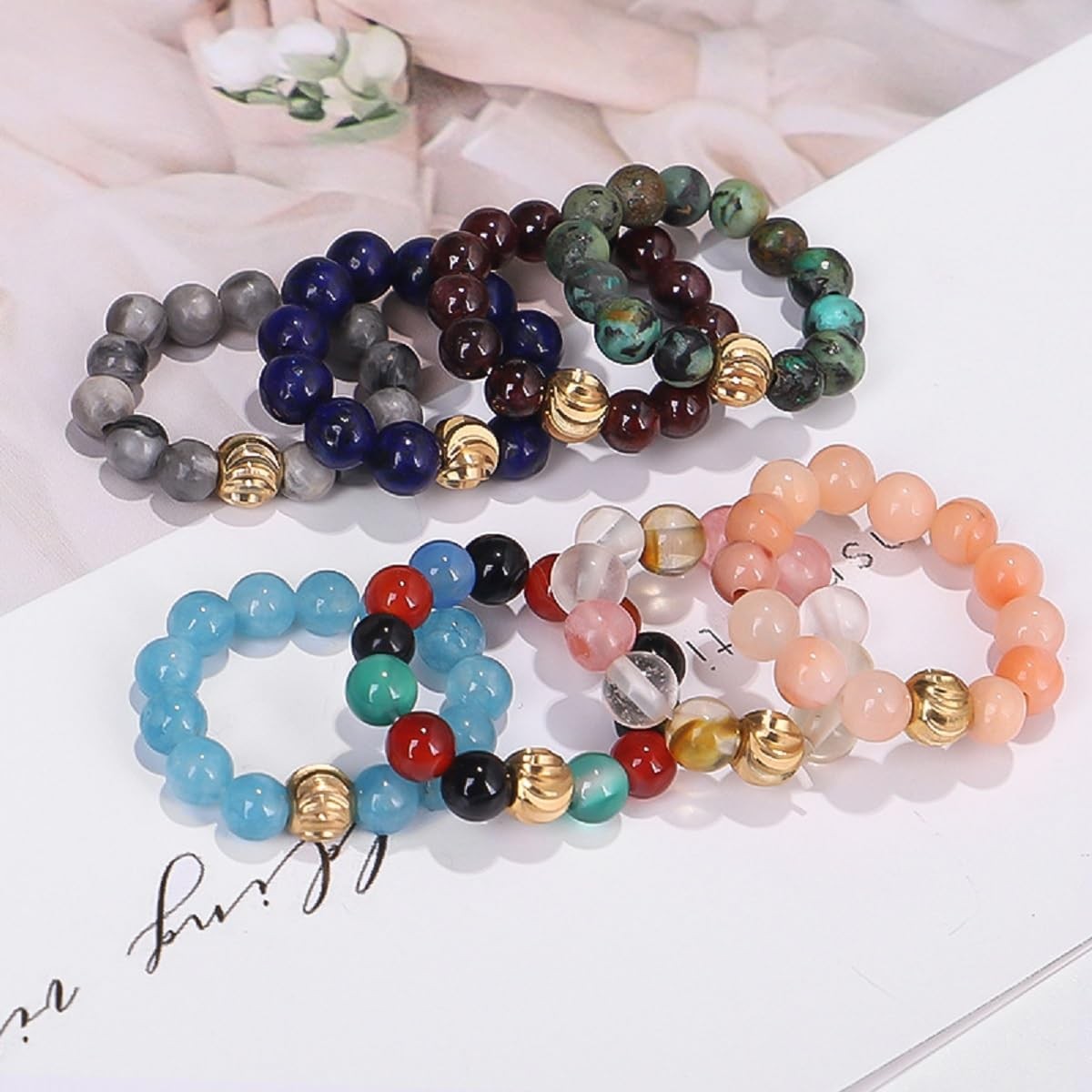 4mm Handmade Healing Stone Beads Ring with Elastic Stretchy Cord, One Size Fi…