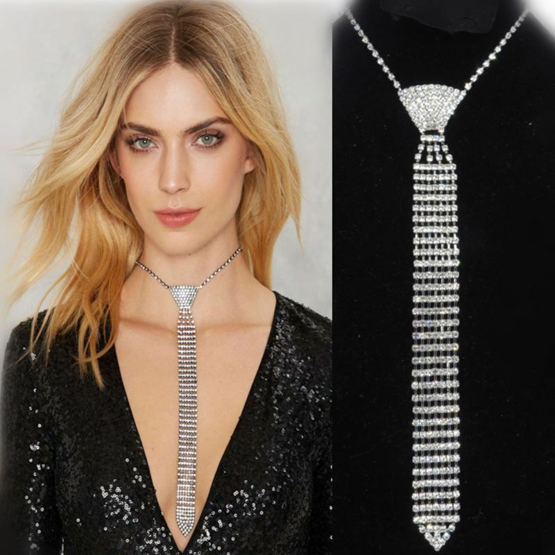 Women Sexy Rhinestone Crystal Bling Necktie Bow Tie Choker Necklace Adjustable