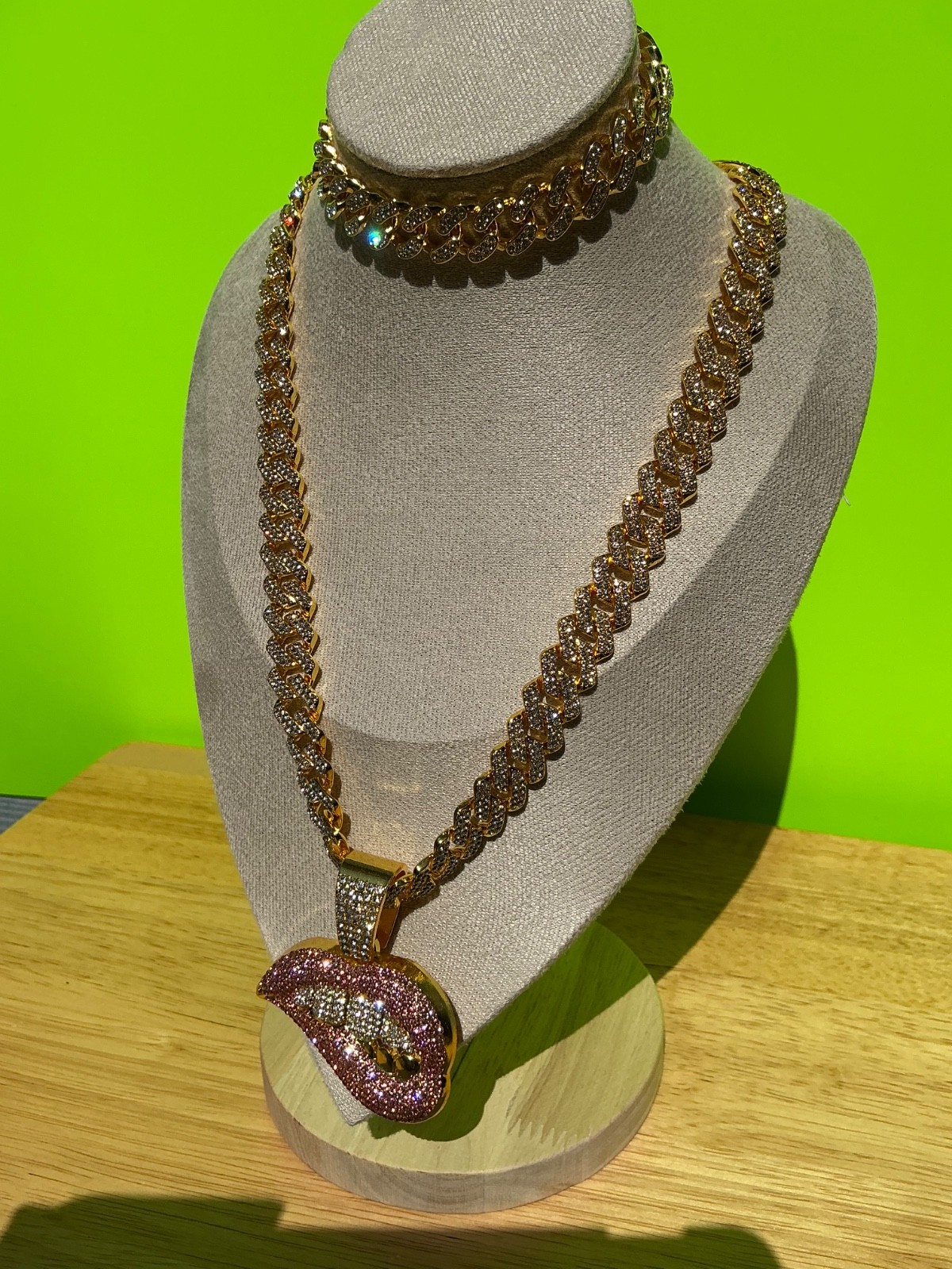 Biting Lip Pendant Necklace Bracelet Lot Hip Hop Iced 20” Inches CZ Chain Cuban