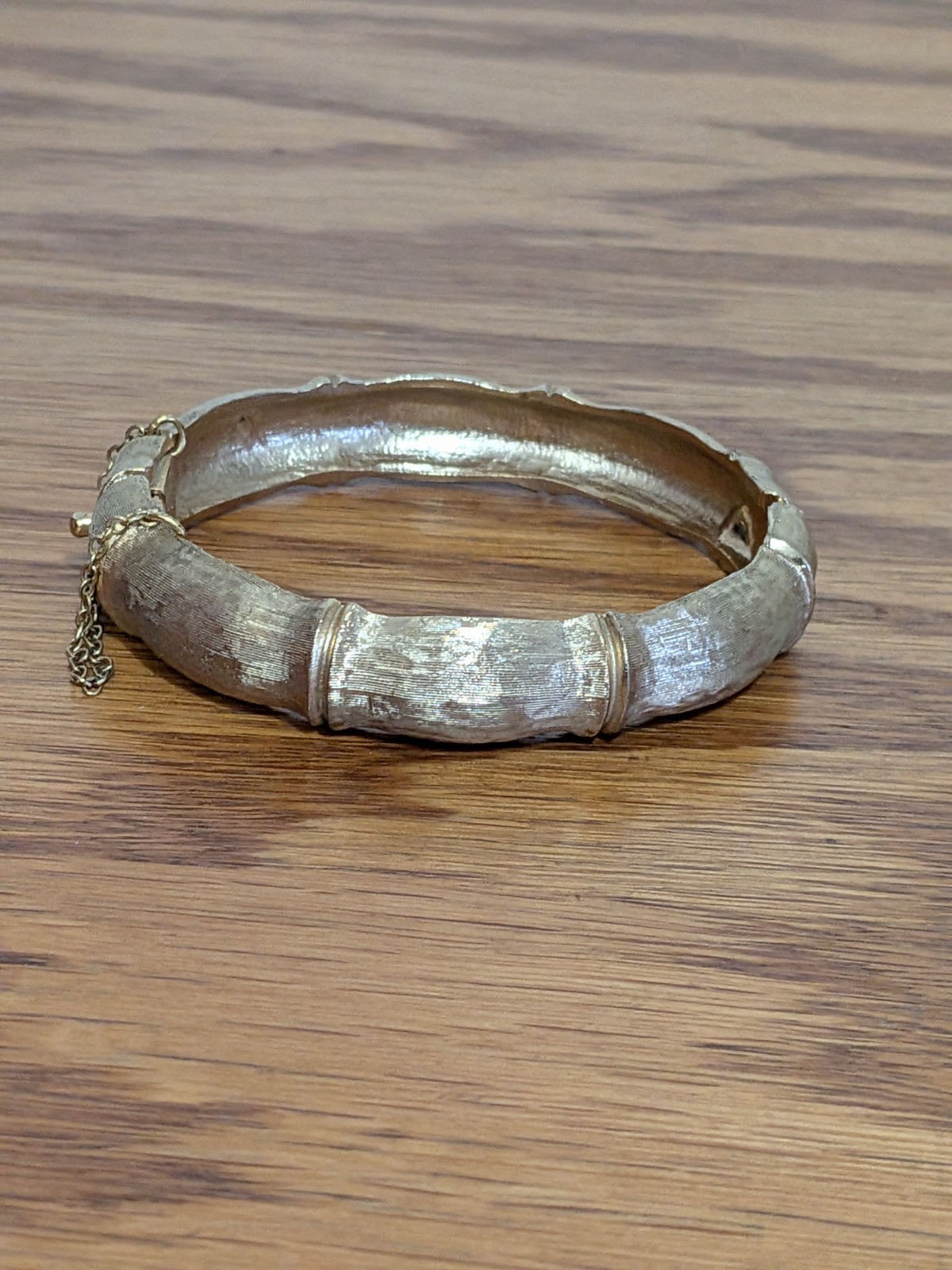 Vintage Napier Satin Brushed Gold Tone Bamboo Bangle Bracelet Safety Chain