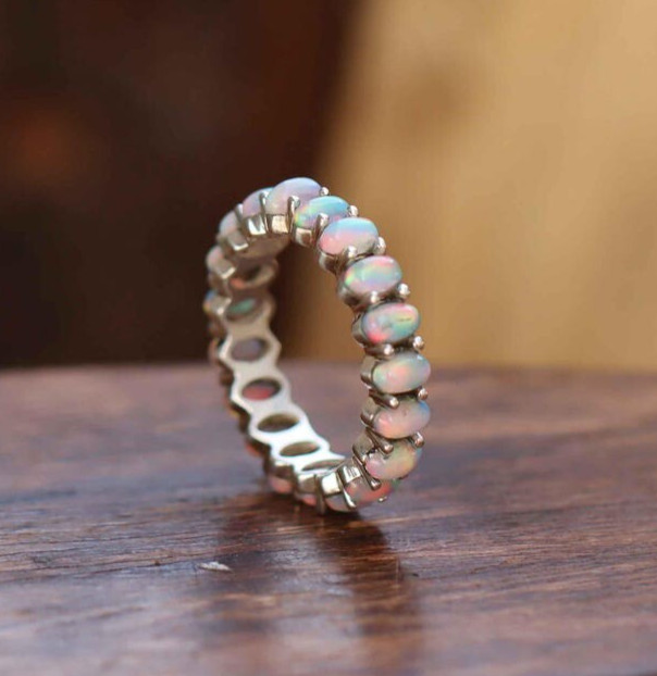 Fire Opal Eternity Ring, 925 Sterling Silver Wedding Ring, Opal Engagement Ring
