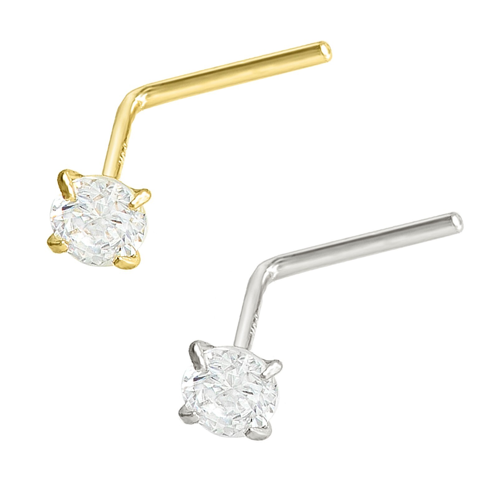 Solid 14kt Gold 22G L-Shape Nose Stud Moissanite Gemstone L-Bend Nose Ring Stud