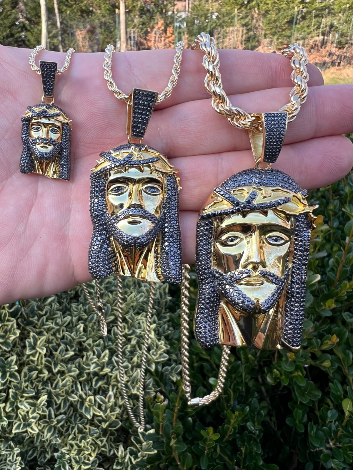 Black MOISSANITE 14k Gold Vermeil 925 Silver Iced Jesus Piece Pendant Necklace