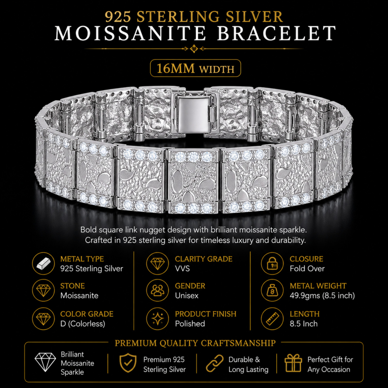 Iced Out Moissanite Bracelet 925 Silver Nugget Hip Hop Chunky Unisex