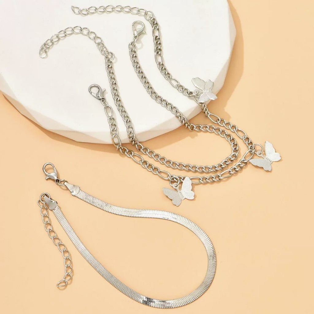 Women’s Silver Plated Alloy Butterfly Pendant Layered Anklets Chain 3-pcs set