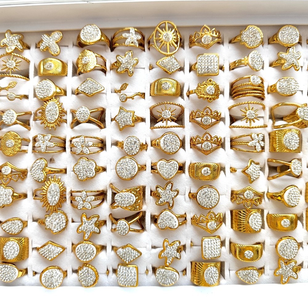 20Pcs Luxury Gold Full Zircon Ring For Women Assorted Style Stainless Steel Ring