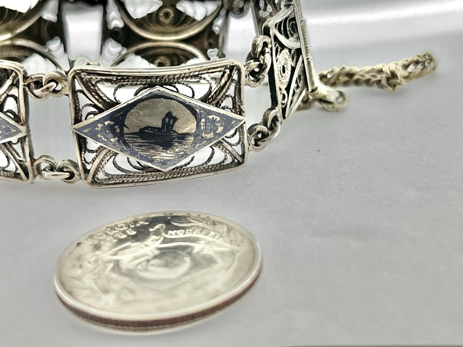 Antique Vintage Sterling Filigree 4 Picture Panel Bracelet 6 1/2” AS IS
