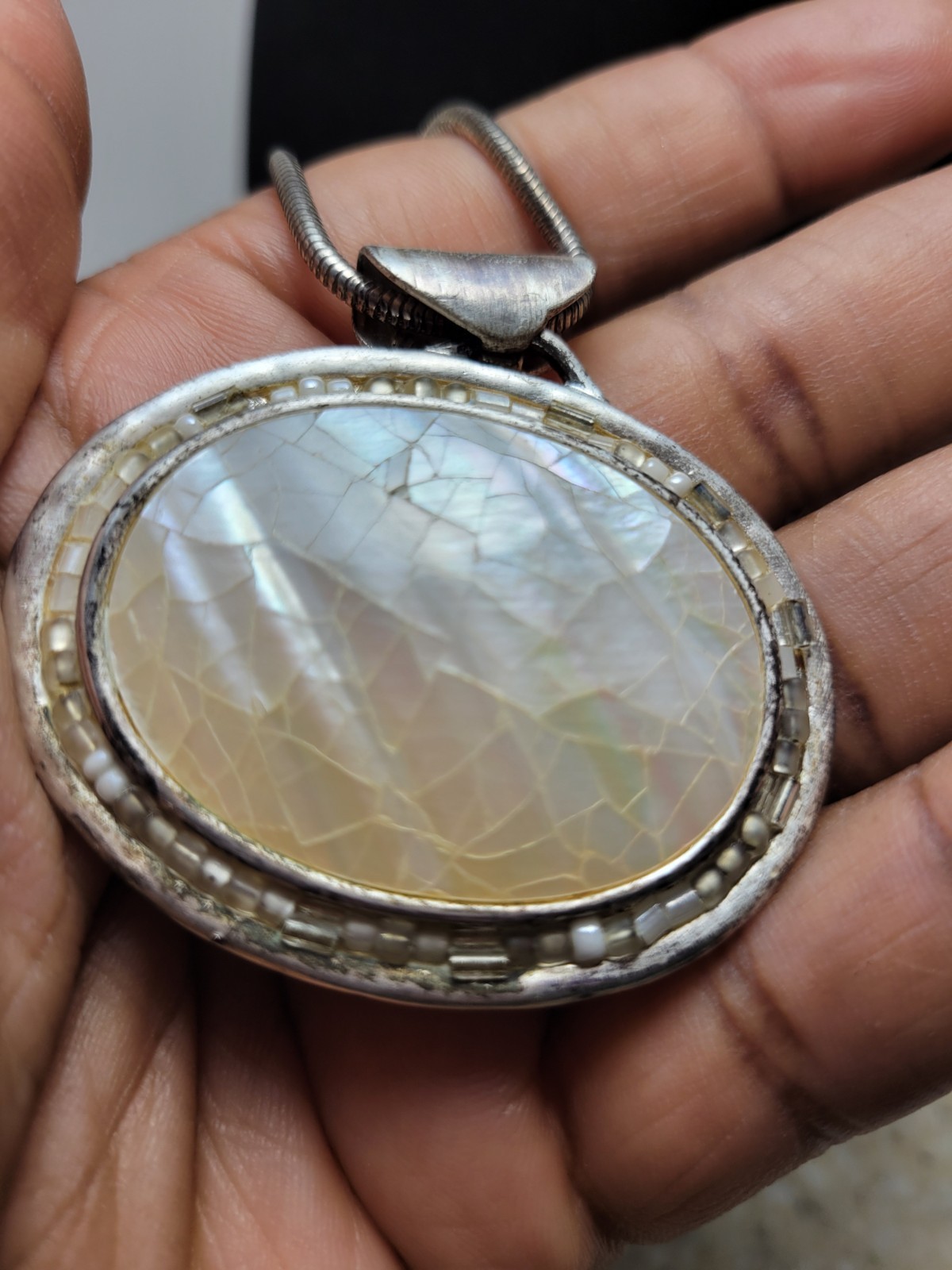 Chico’s Signed Silver Tone Mother of Pearl Pendant Necklace Snake Chain