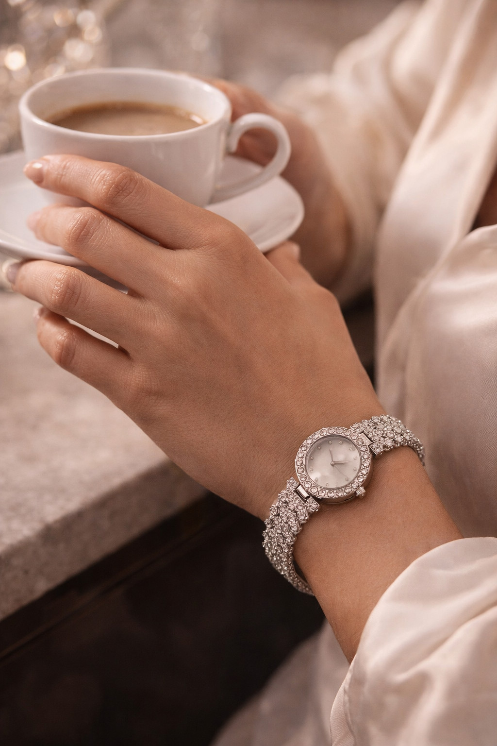 Women’s Silver Rhinestone Bracelet Watch Crystal Bezel Elegant Dress Quartz