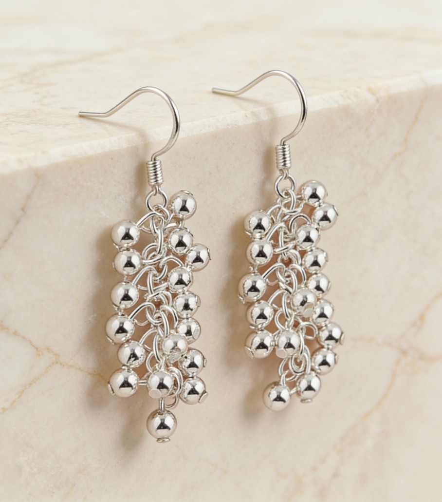 Silver Plated Alloy Small Round Bead Cluster Hanging Fashion Dangle Earrings
