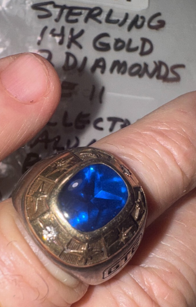 GTE Service Ring: Sterling & 14K Gold w/2 Diamonds & Blue Stone Very Cool SS-137