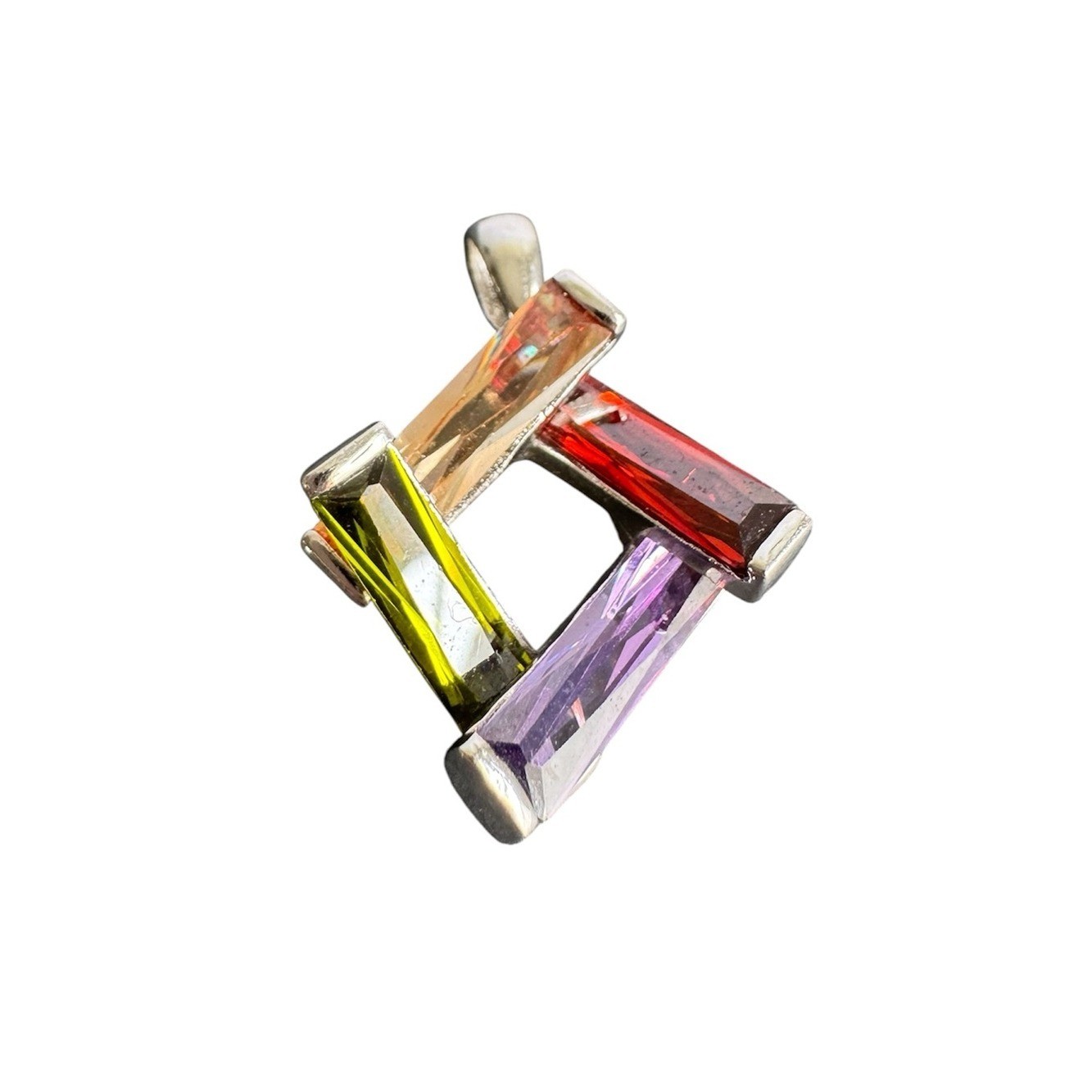 Vintage Sterling Silver Crystal 3D Pendant Colorful Geometric Necklace