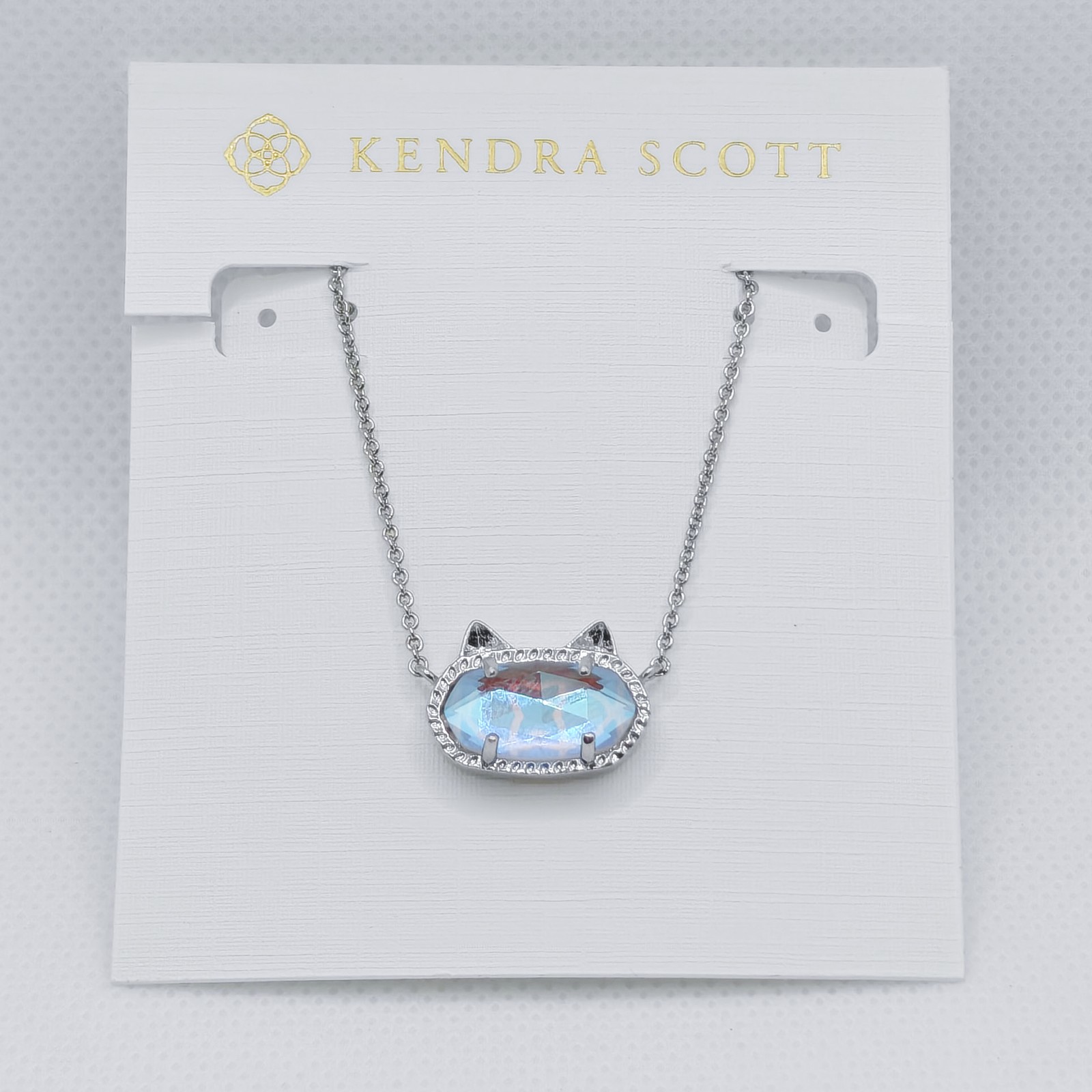 New Kendra Scott Elisa Silver Cat Kitty Pendant Necklace In Dichroic Glass