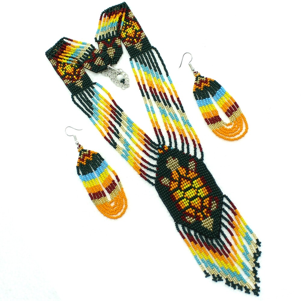 Handmade Beaded Turtle Design Deep Green Orange Necklace Earrings Set