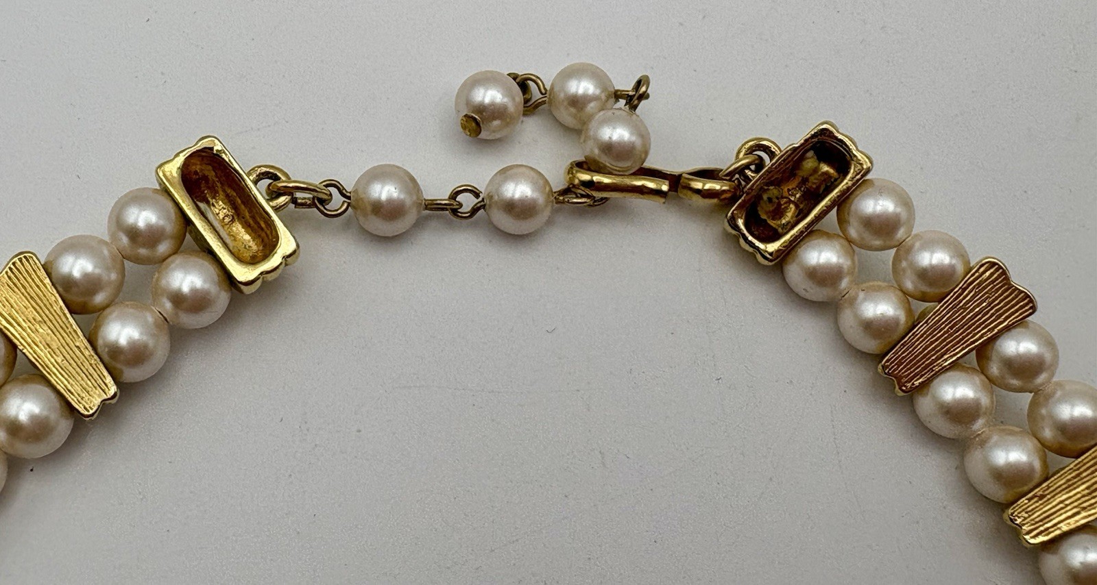 Monet Signed Double Strand Faux Pearl Gold Tone Choker Necklace Hook Clasp
