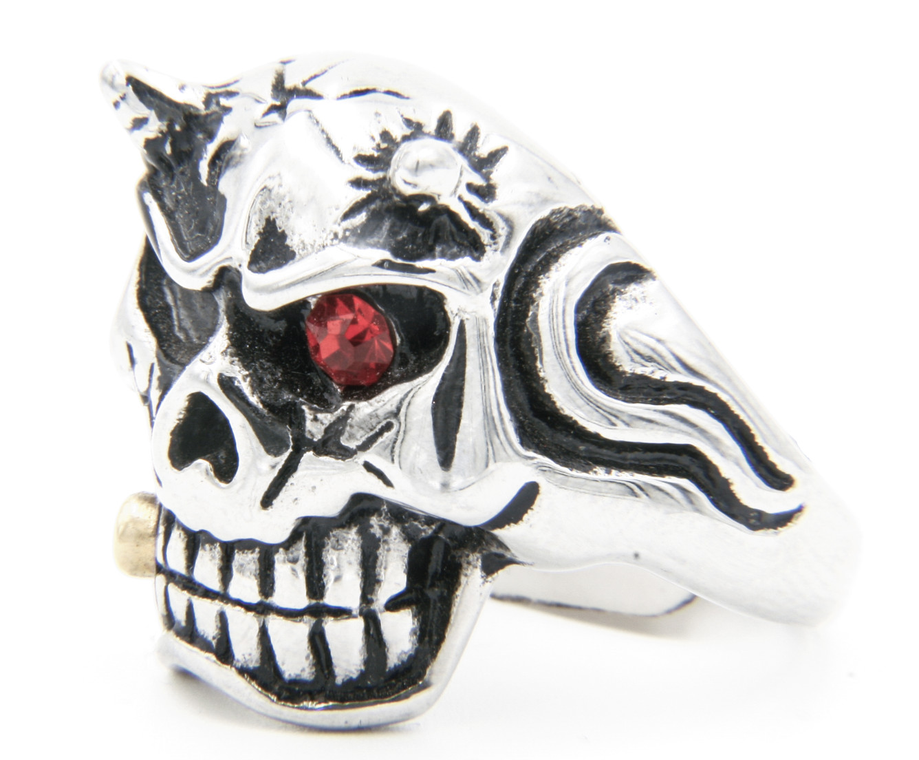 Skull Stainless Steel with Red Eye and Horns Biker Ring 107