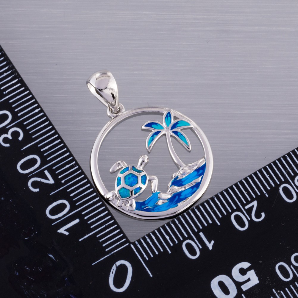 Sea Turtle Palm Tree Ocean Blue Fire Opal Silver Jewelry Necklace Pendant