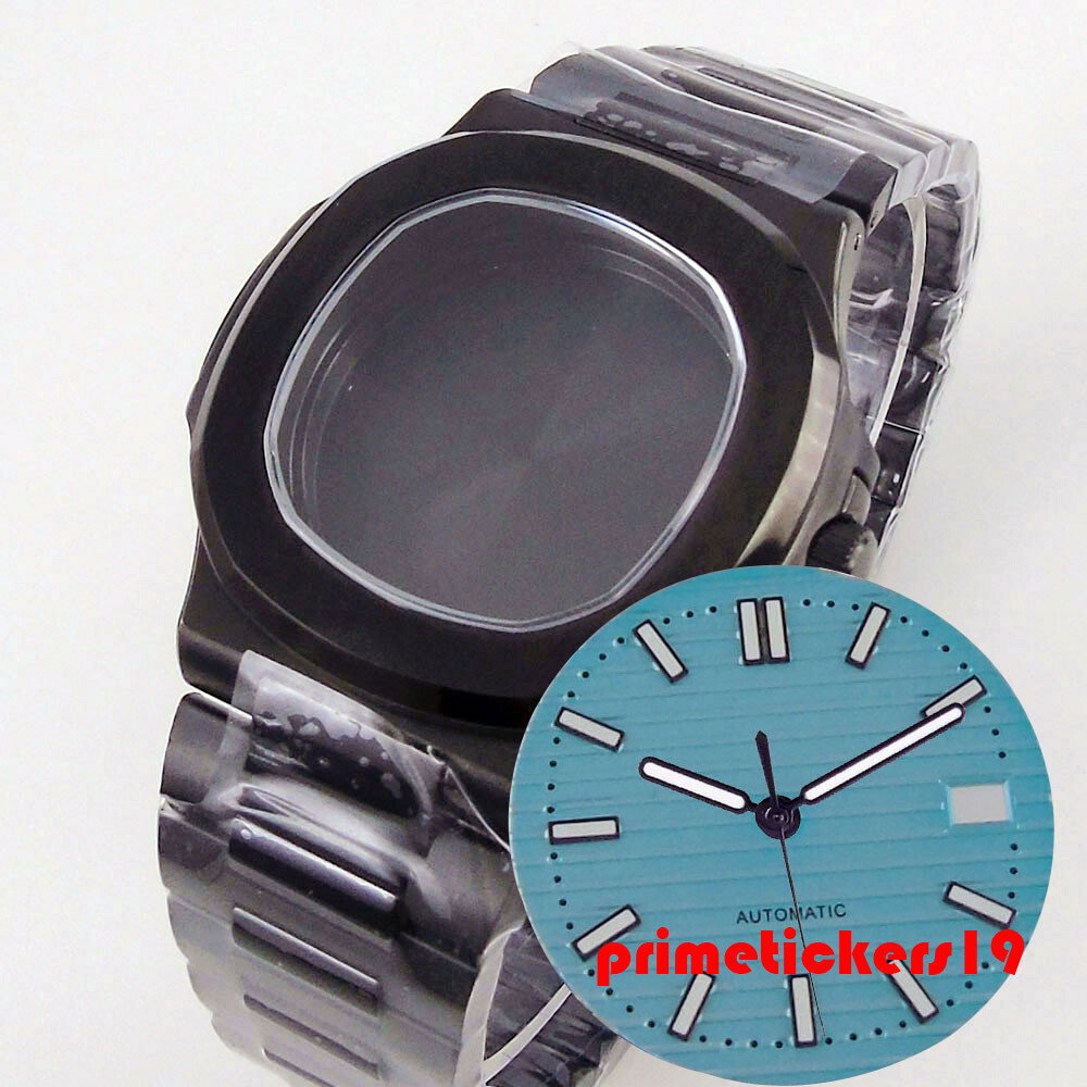 Black Pvd Square Watch Case Bracelet Dial Hands Set Sapphire Fit NH34 NH35 NH36