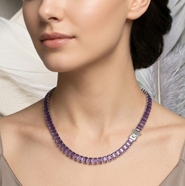 Purple Emerald Cut Tennis Necklace, Amethyst Choker, In 925 Sterling Silver