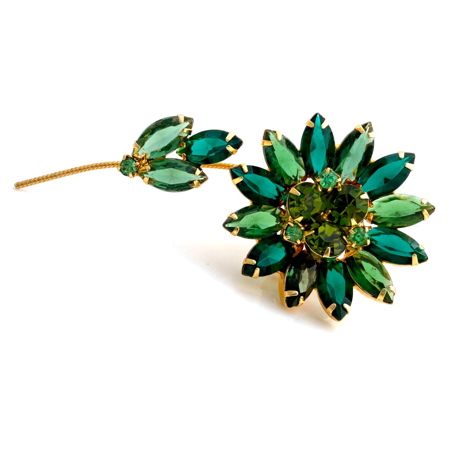 Vintage 1960s Unsigned Flower Blossom Green Rhinestone Floral Figural Brooch Pin