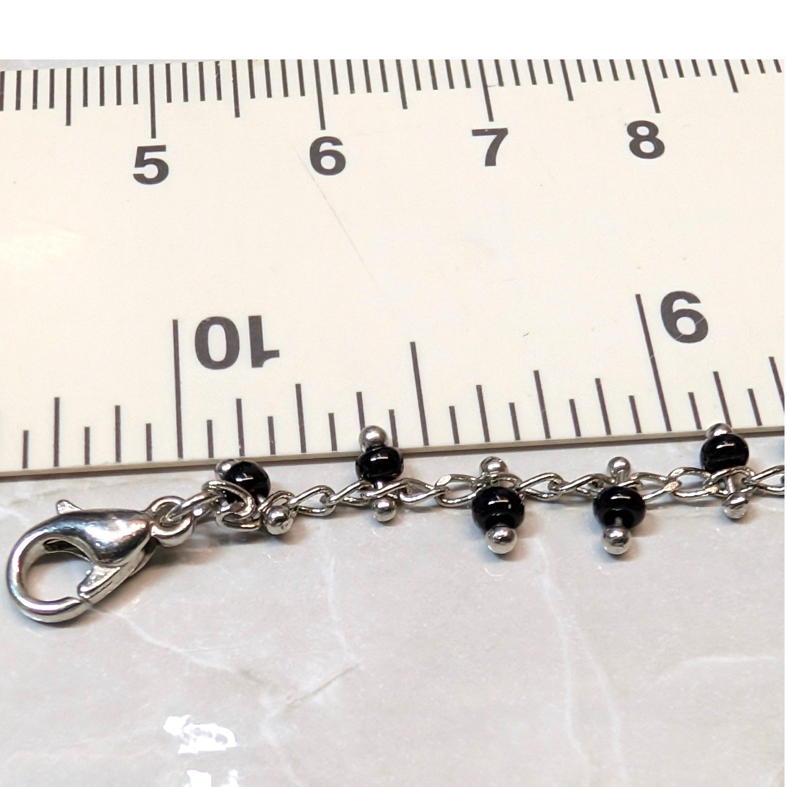 Vintage Beaded Chain Anklet Bracelet Up to 10″ Silver Tone Black Boho Dainty