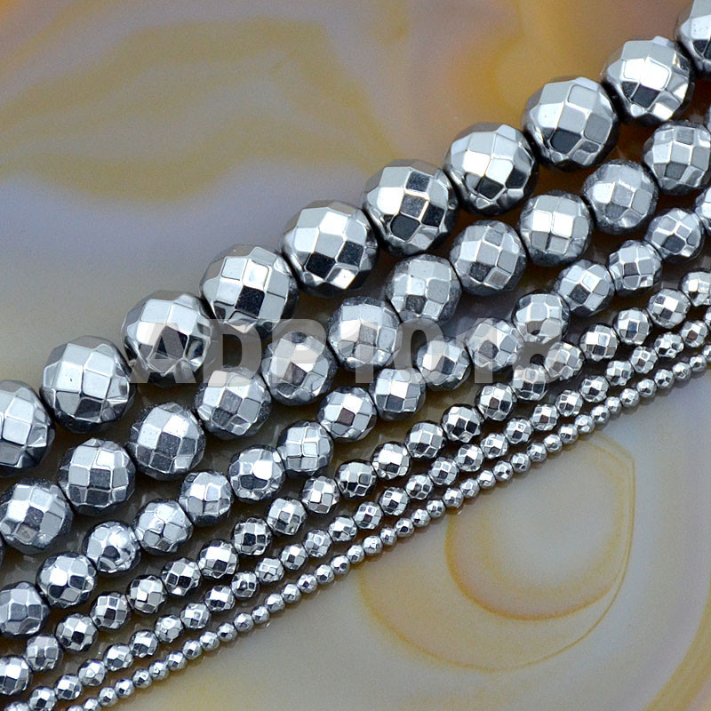 Hematite Silver Faceted Round Beads 16” 2mm 3mm 4mm 6mm 8mm 10mm