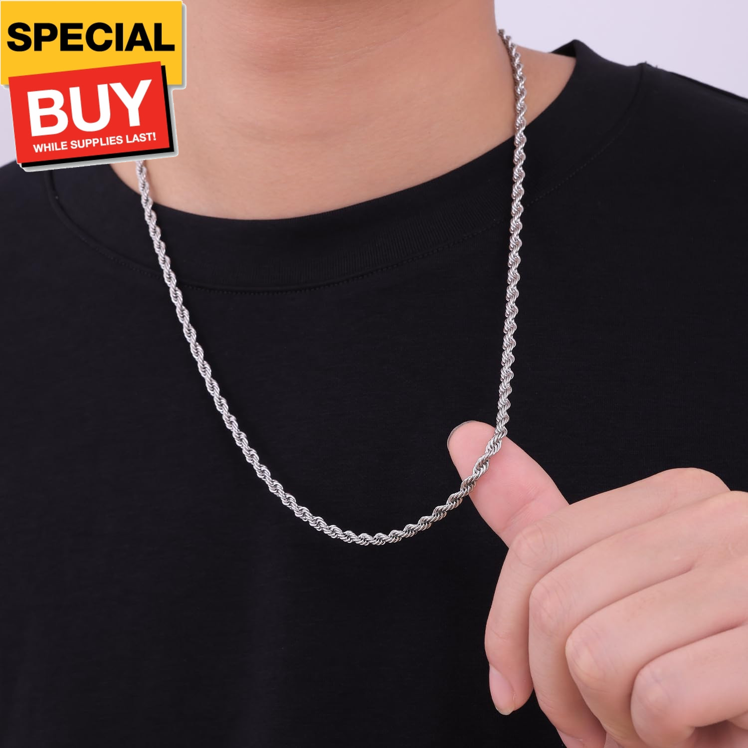 3mm Rope Chain Necklace for Men, Silver Tone Mens Chain Necklace, Stainless Stee