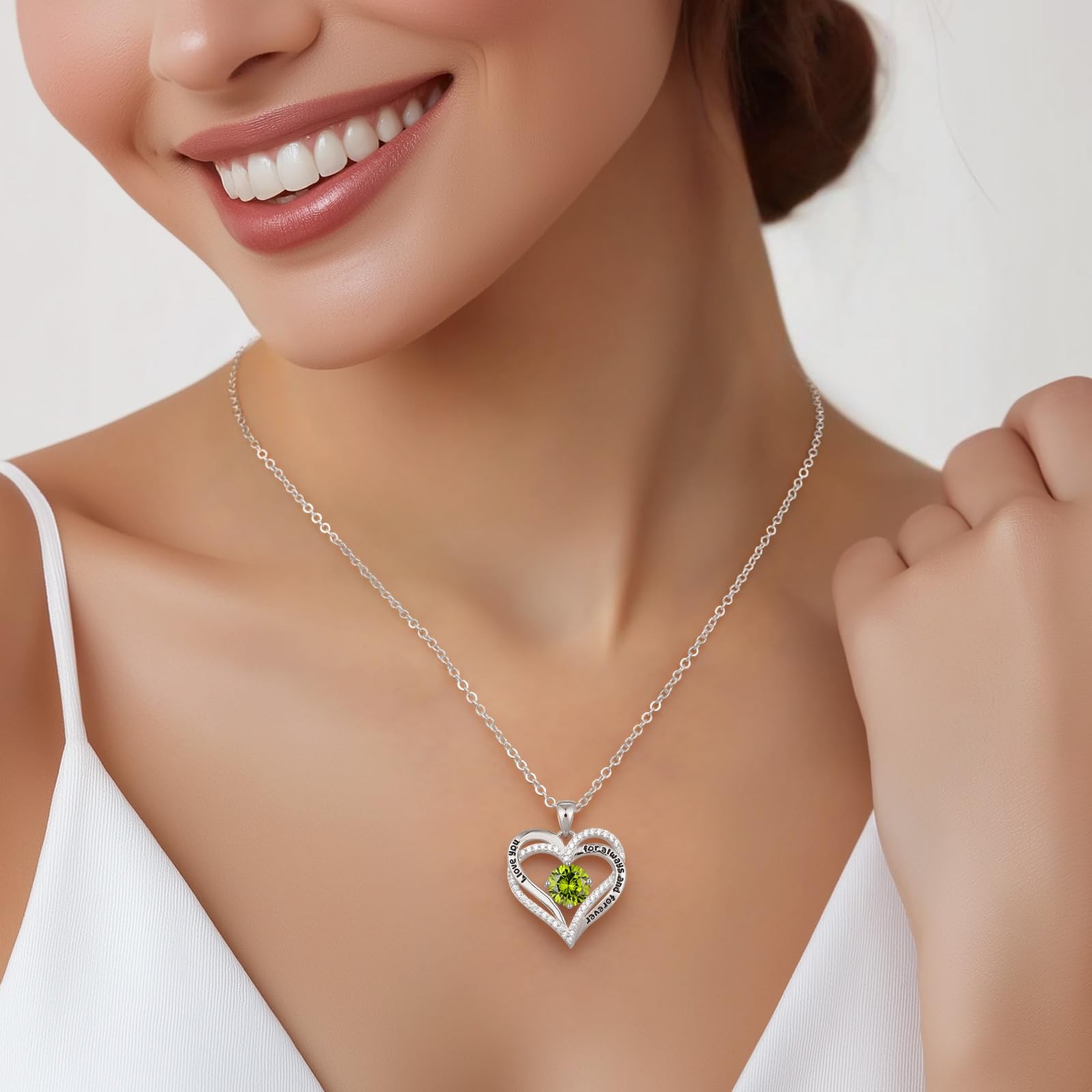 Engraved Forever Love Heart Birthstone Necklace Jewelry Gifts for Women