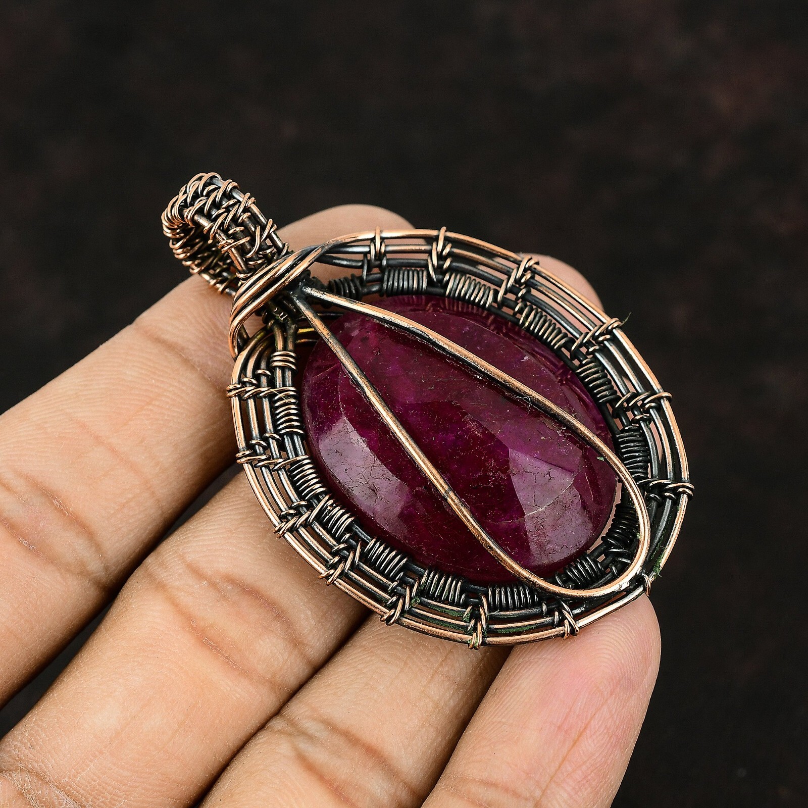 Gemstone Handmade Wire Wrapped Pendant Handcrafted Copper Valentine Gift 2.52″