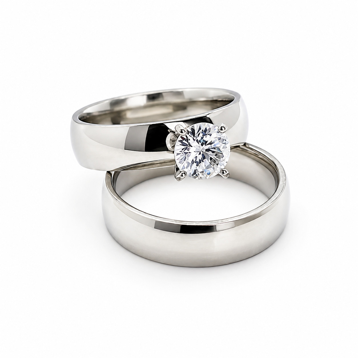 Elegant Silver Stainless Steel Wedding Ring Set with Sparkling Cubic Zirconia
