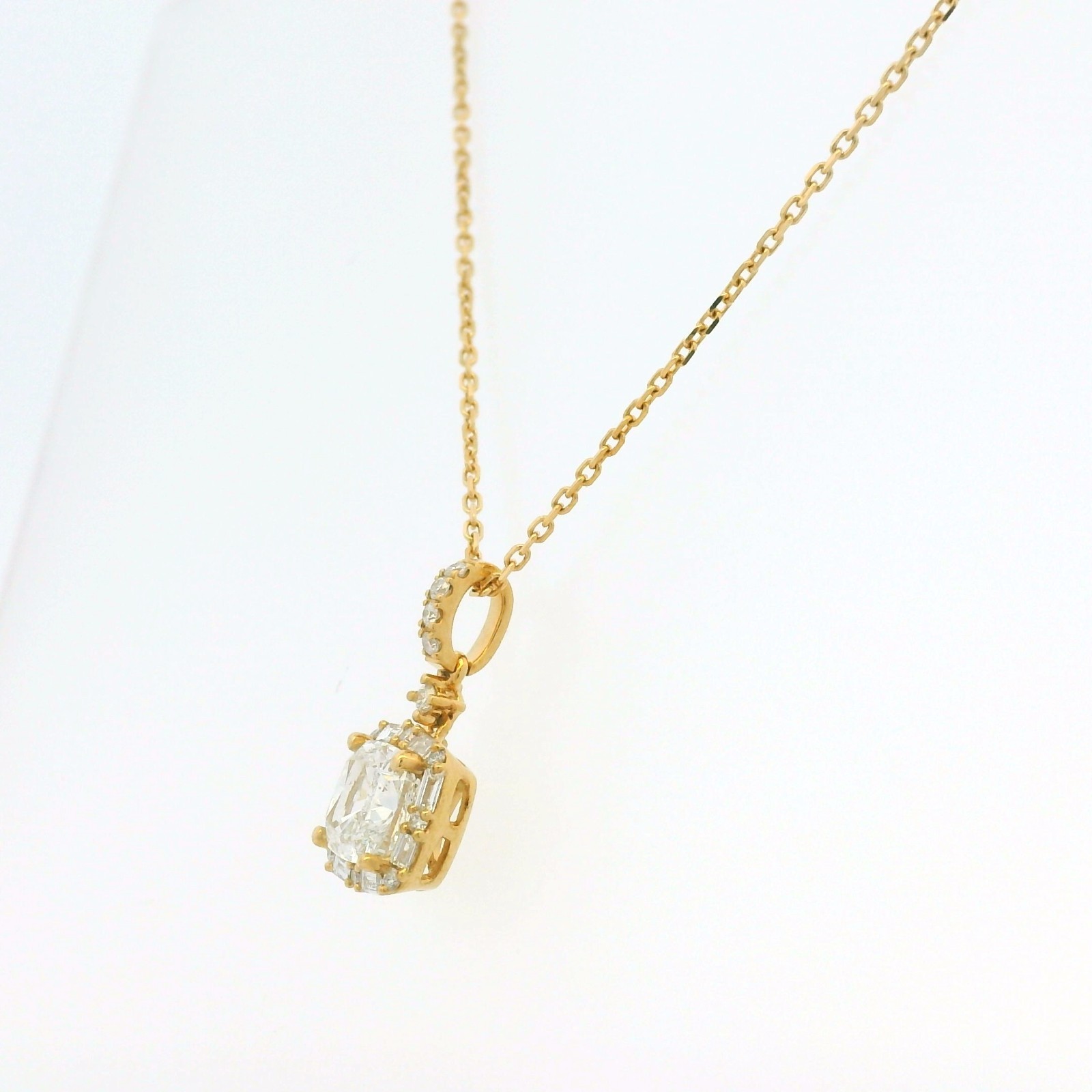 GIA 18K Yellow Gold 1.00 Carat Cushion Cut Diamond Halo Pendant Necklace