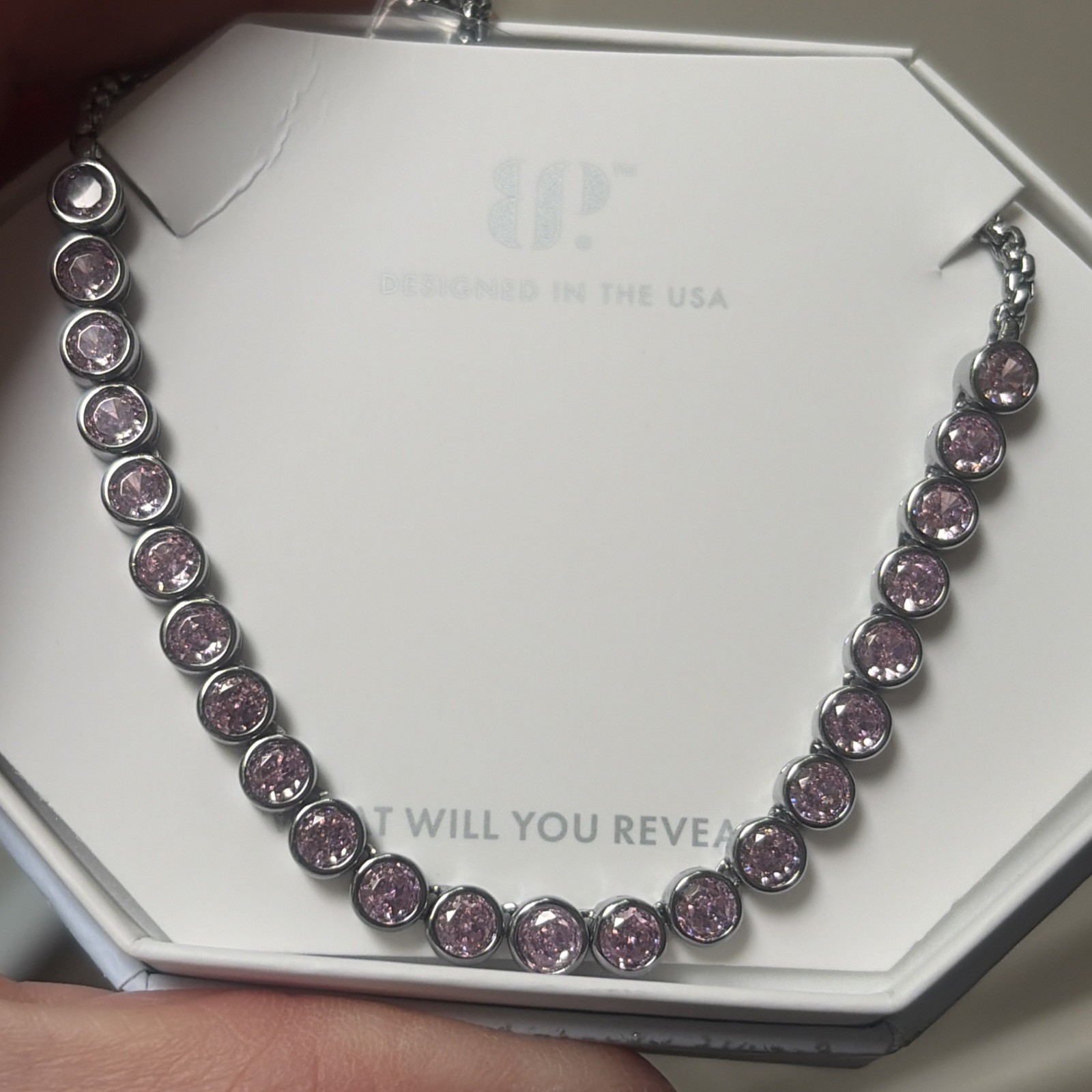 Bomb Party NK36920 “Yes, She’s Yours” Rose Quartz cz Hematite tennis necklace