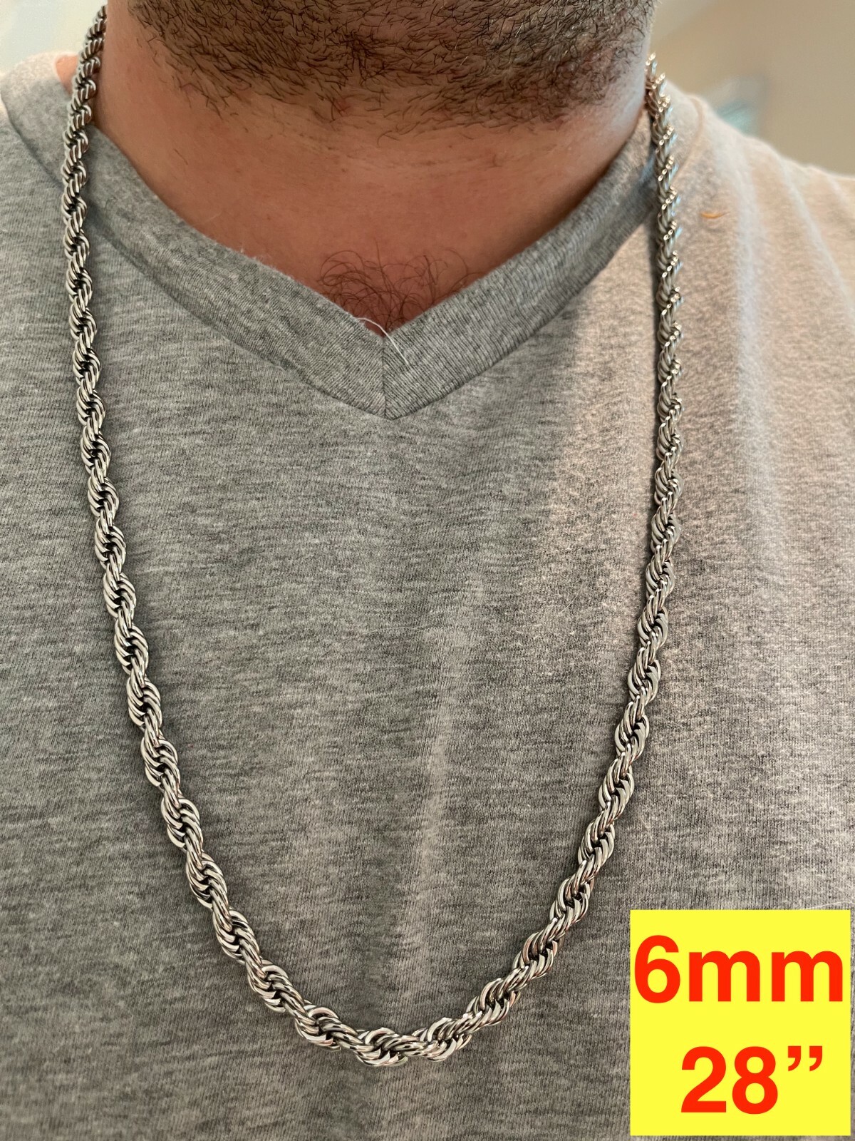 Men’s Real Solid Rope Chain Necklace Stainless Steel – Rhodium – 2mm-6mm 18-30″
