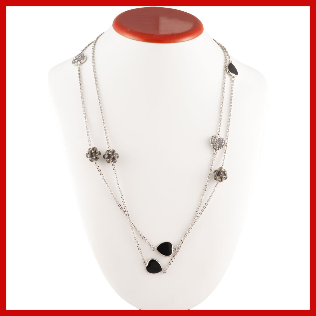 FASHION LOVE NECKLACE BLACK HEART GREY CRYSTAL RHINESTONE BALL LONG SILVER CHAIN
