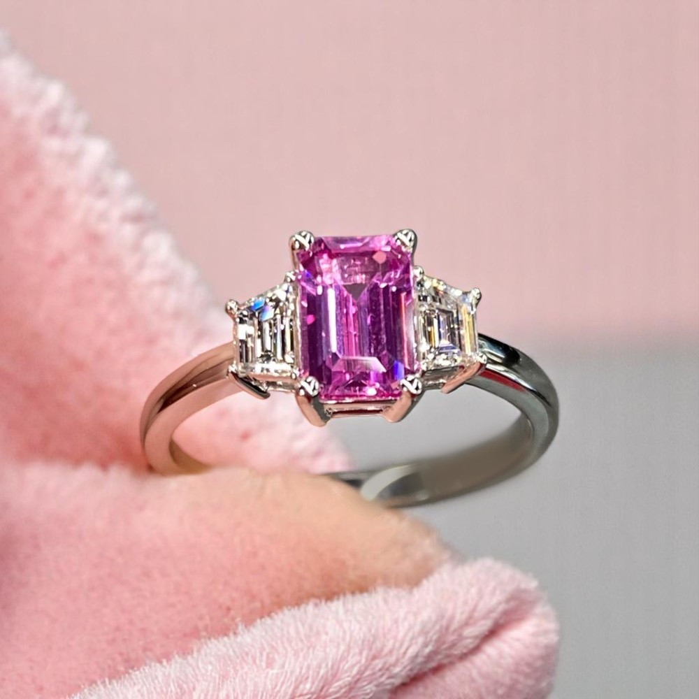 14K White Gold Wedding Ring Lab Created Pink Sapphire Diamond 2.80 Carat Emerald