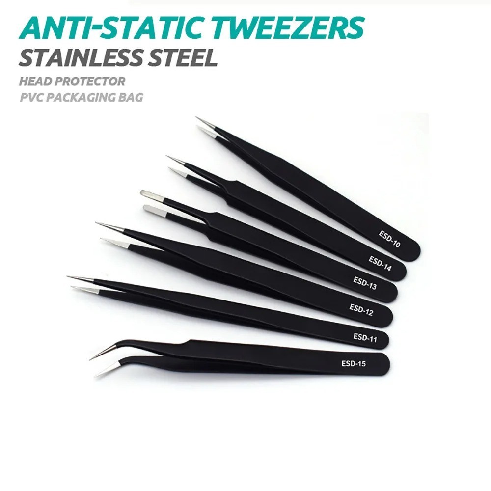 6Pcs ESD Anti-static Tweezers Set Maintenance Repair Stainless Steel Tools Kit