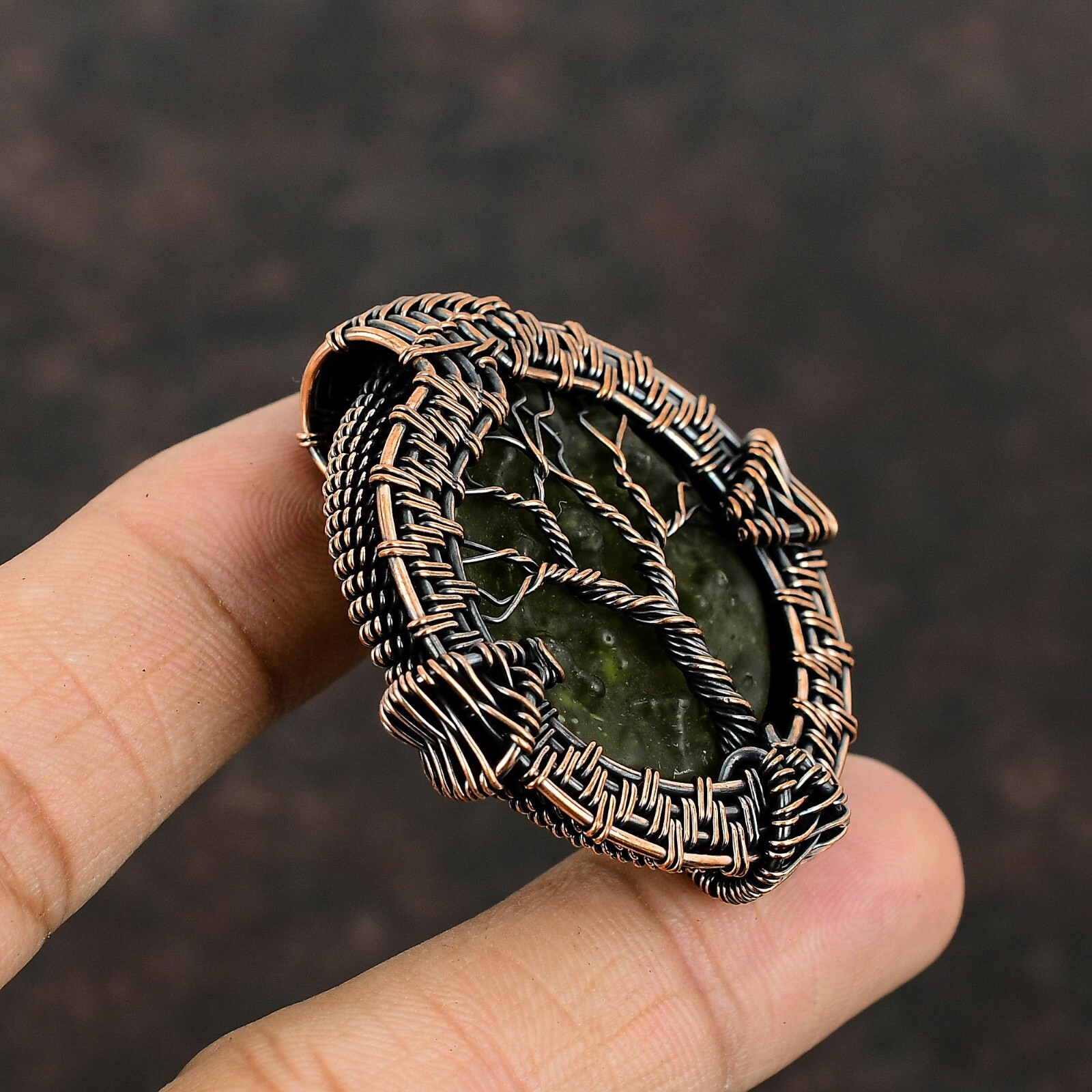 Gift For Her Moldavite Wire Wrapped Tree Of Life Pendant Copper Jewelry 1.81″