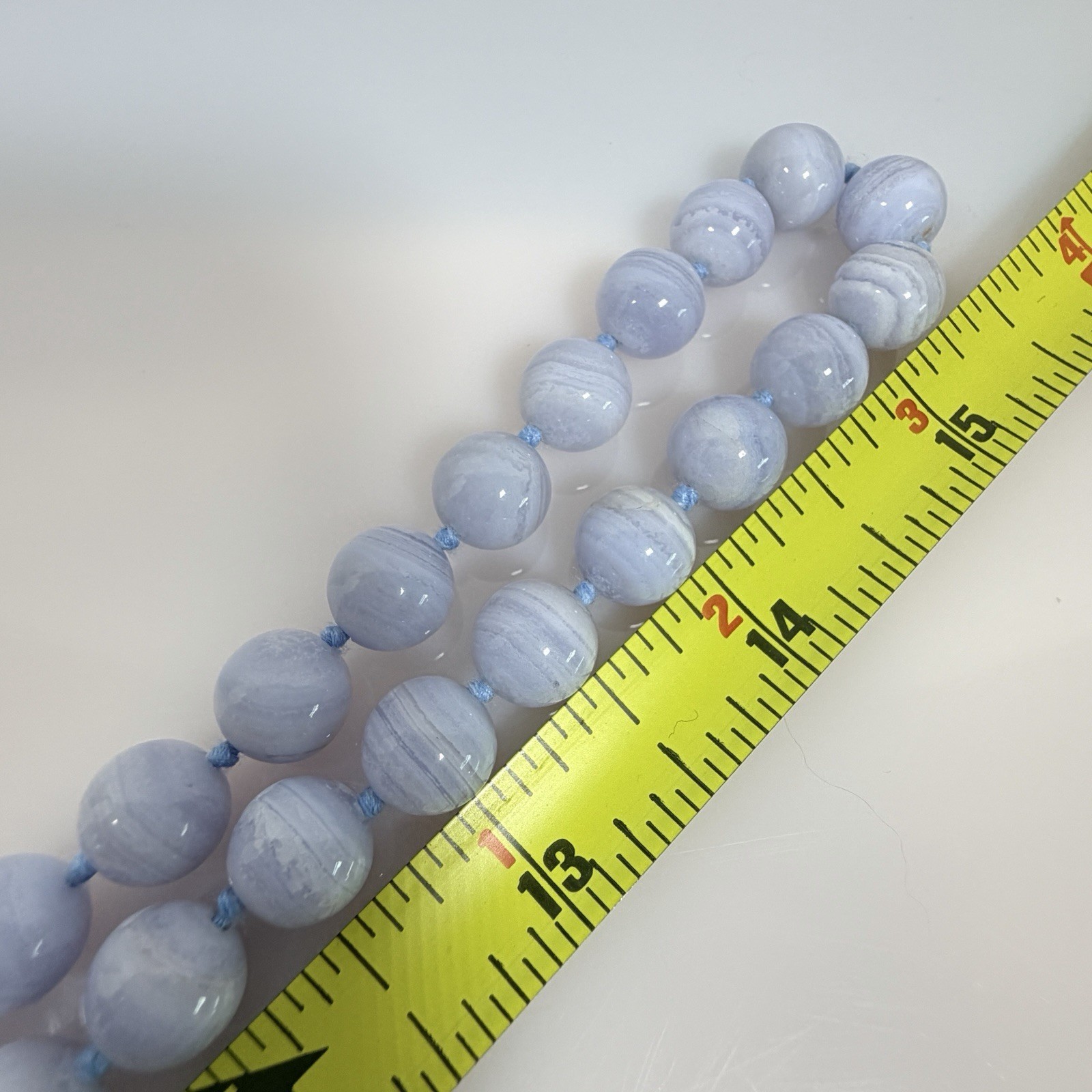 Vintage Blue Lace Agate Beaded Necklace 31″ Endless Strand Hand Knotted 9.7 mm