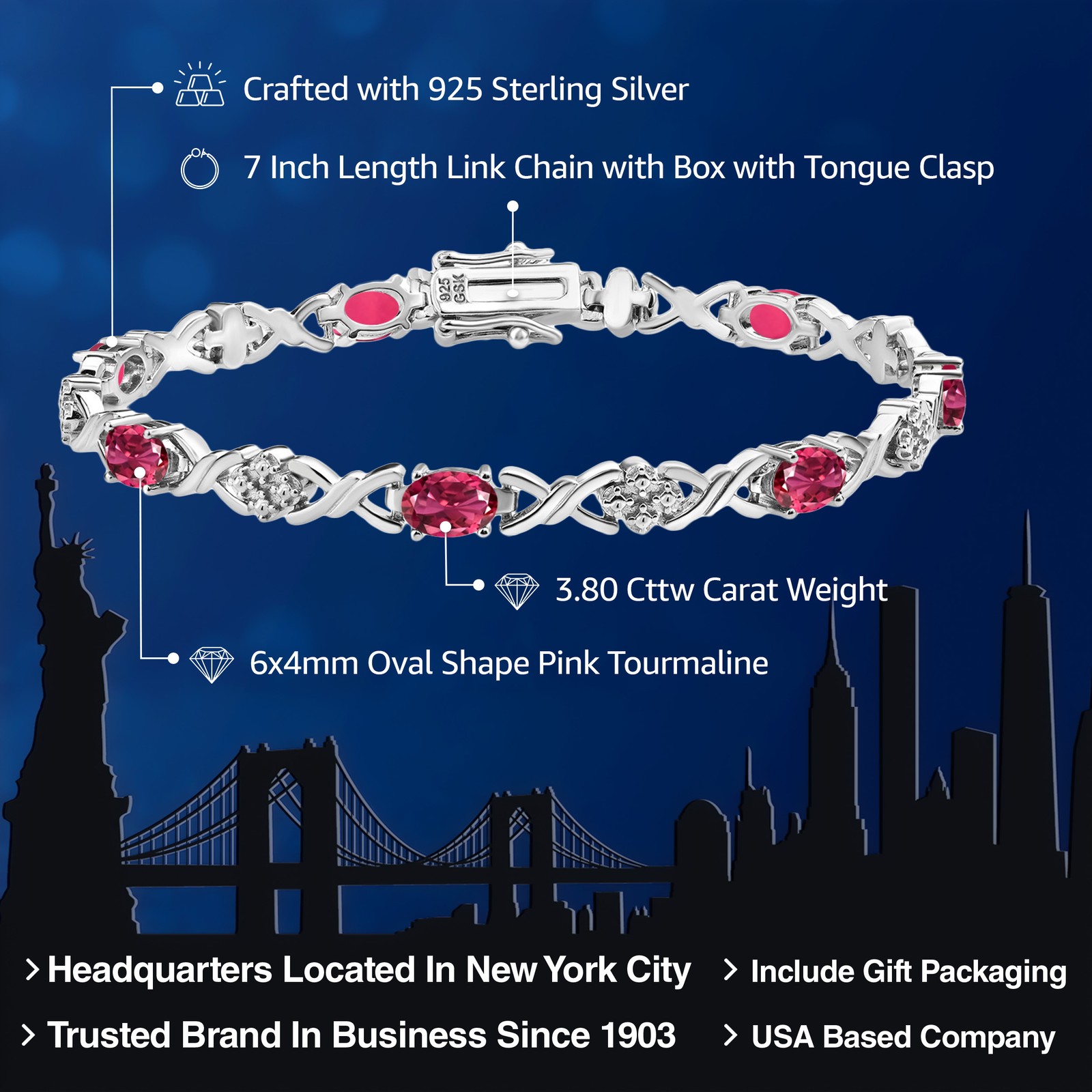 925 Sterling Silver Pink Tourmaline Tennis Bracelet For Women (3.80 Cttw,