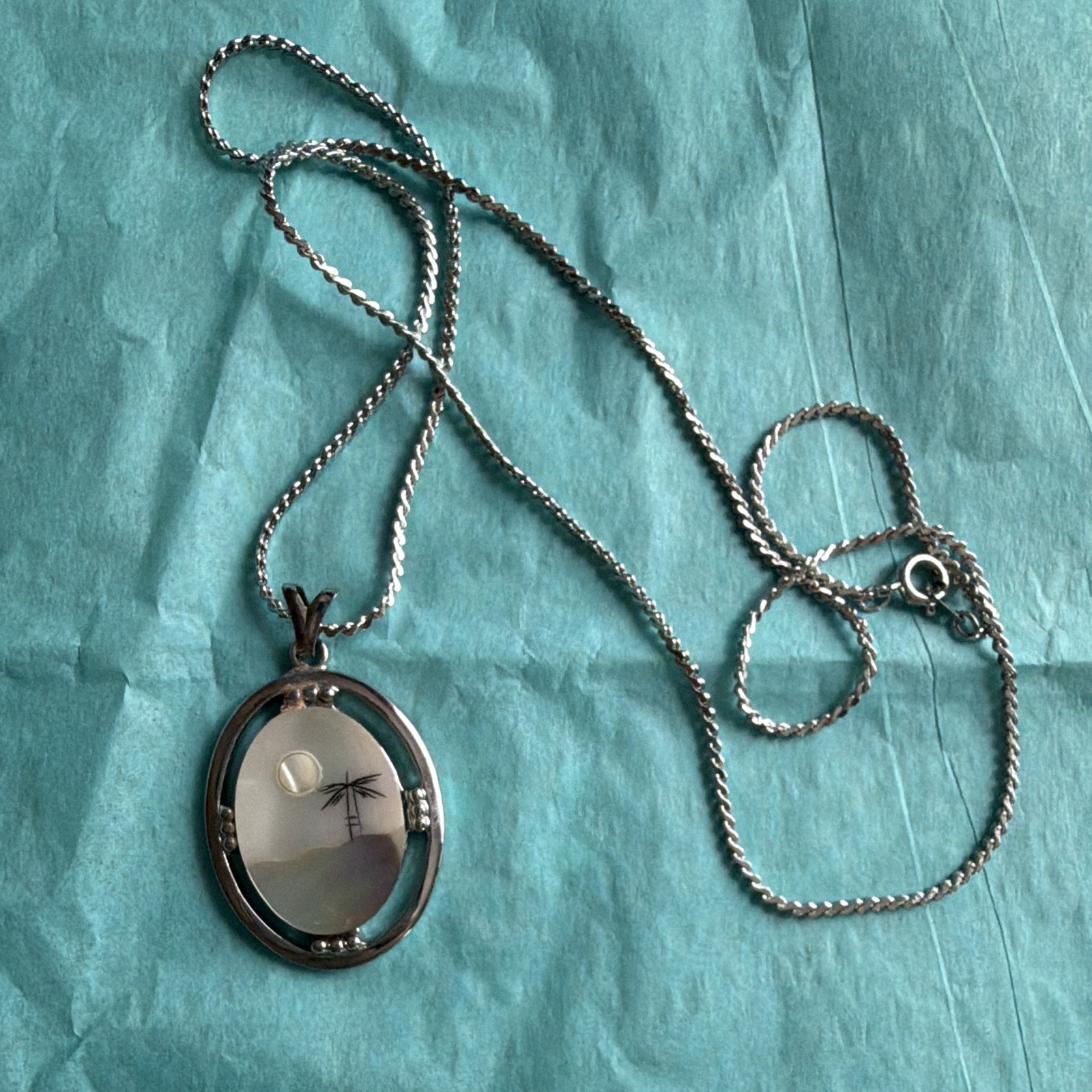 Vintage Silver Toned Iridescent Palm Tree Engraved Necklace