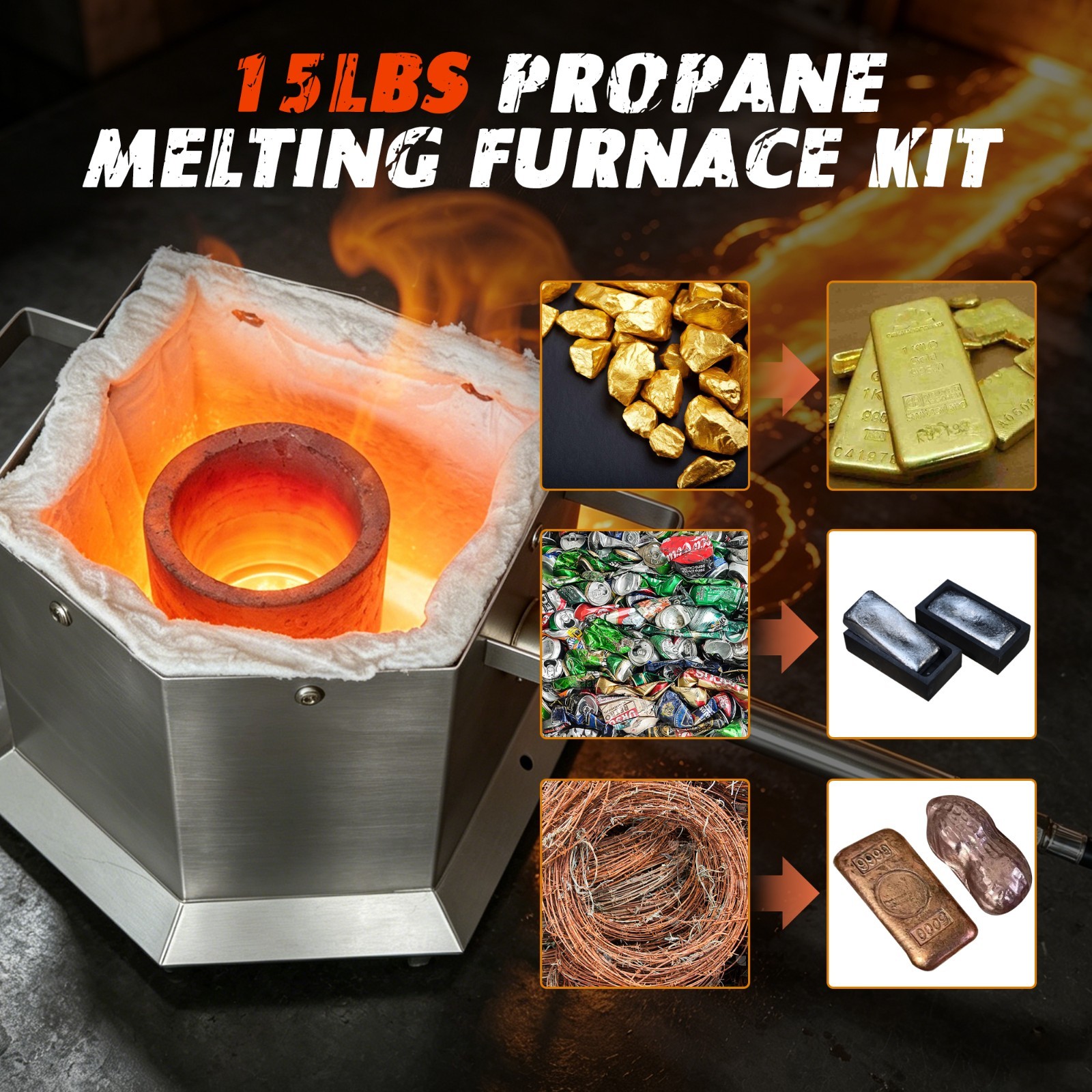 7KG Propane Furnace Kit w/ 2 Crucible Tongs,Smelting Gold Metal Recycle 2700℉