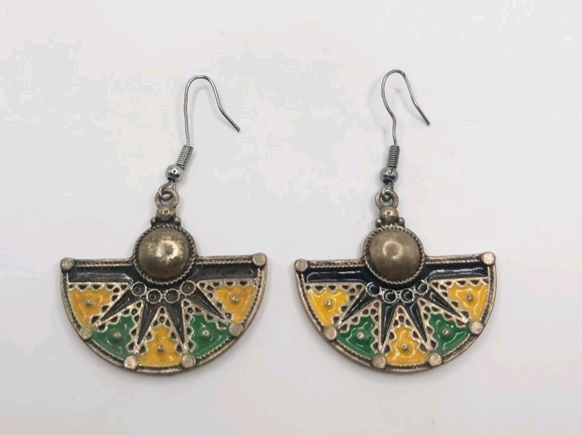 Vintage Moroccan Berber Enamel Fan Drop Earrings Tribal Silver Tone Yellow Green