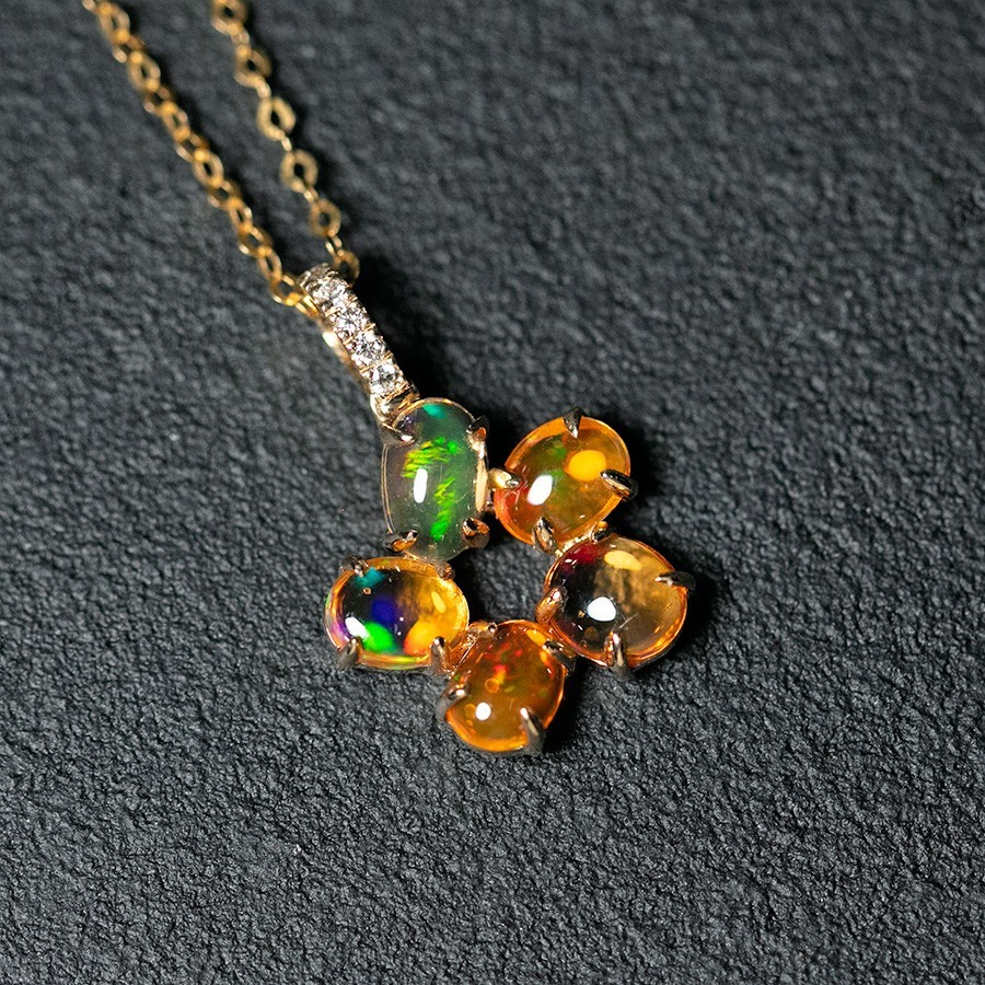 Flower Design Mexican Fire Opal Diamond Pendant Necklace 14k Yellow Gold