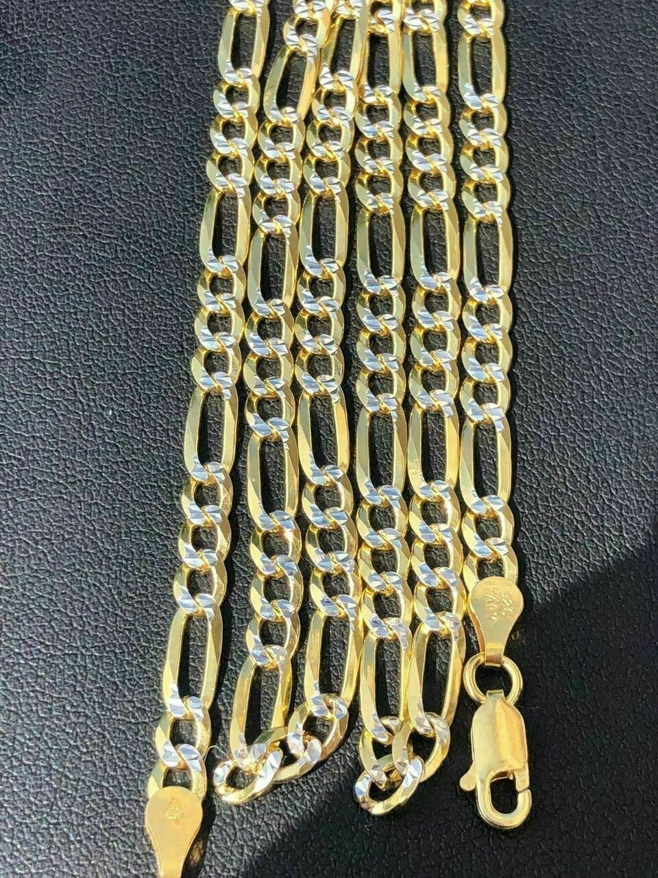 Figaro Chain Two Tone 14k Gold Plated Solid 925 Silver Diamond Cut Men Women 4mm