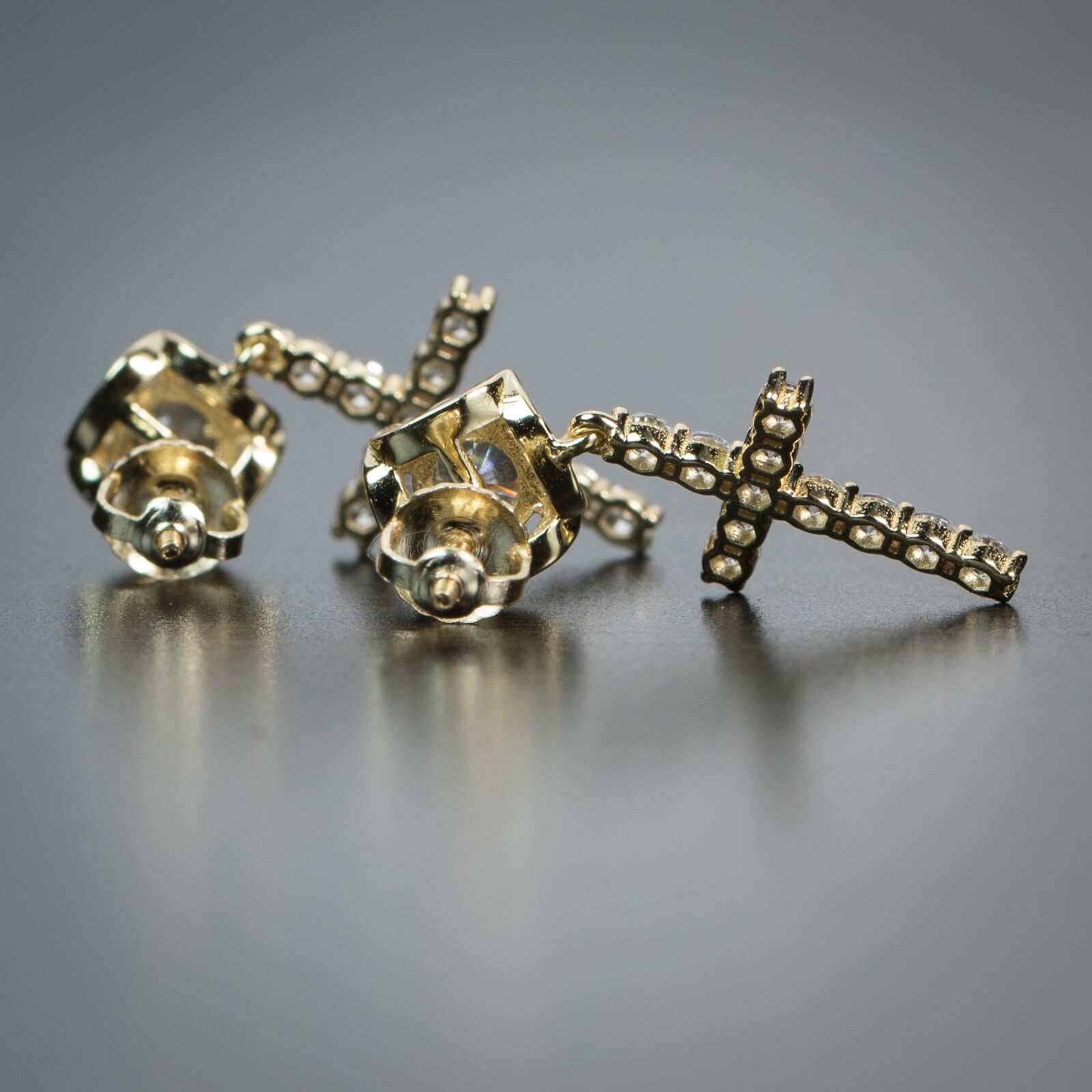 Iced 14k Yellow Gold Plated Small Cz Cross Dangle Drop Stud Earrings For Men
